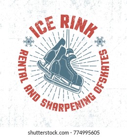 Emblem with hanging retro skates and inscriptions in  circle. Worn texture on  separate layer and can be easily disabled.