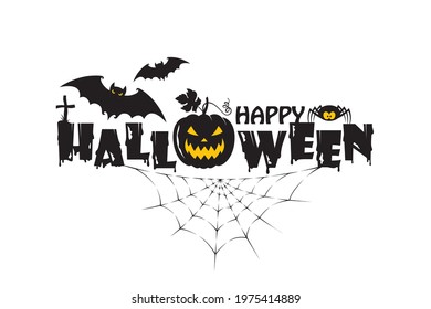 emblem of happy halloween with pumpkin, bats and spider isolated on white background