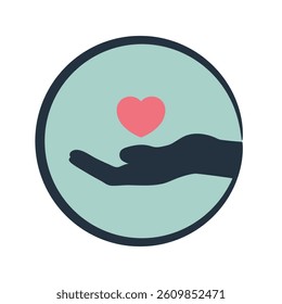 Emblem of heart on cupped hand. Human hand holding a heart. Love, care and charity symbol. Vector illustration