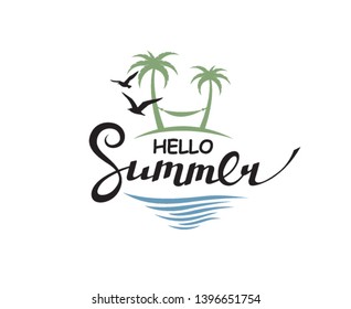 emblem of hello summer lettering with beach isolated on white background