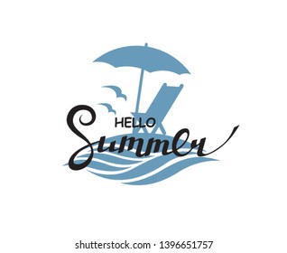 emblem of hello summer lettering with beach isolated on white background