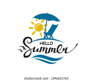 emblem of hello summer lettering with beach isolated on white background