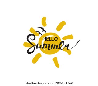 emblem of hello summer lettering with beach isolated on white background