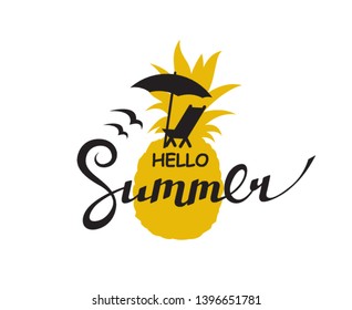 emblem of hello summer lettering with beach isolated on white background