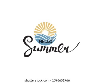 emblem of hello summer lettering isolated on white background