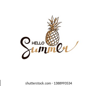 emblem of hello summer lettering with pineapple isolated on white background