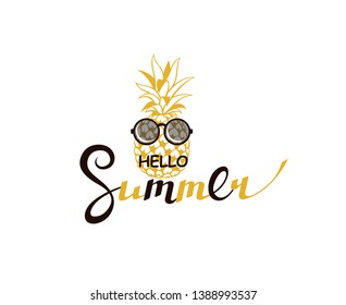 emblem of hello summer lettering with pineapple isolated on white background