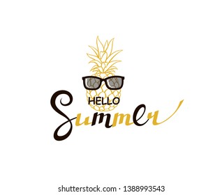 emblema de hola saludo de verano con piña aislada en fondo blanco