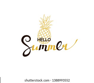 emblem of hello summer lettering with pineapple isolated on white background