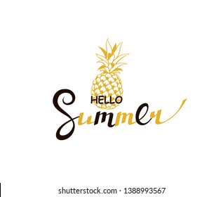 emblem of hello summer lettering with pineapple isolated on white background