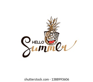 emblema de hola saludo de verano con piña aislada en fondo blanco