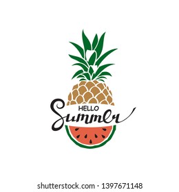 emblem of hello summer lettering with pineapple and watermelon isolated on white background