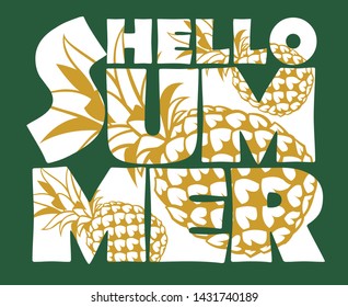 emblem of hello summer lettering with pineapple isolated