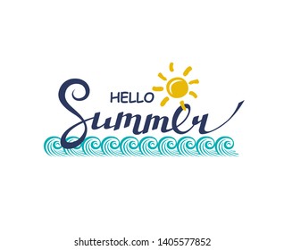 emblem of hello summer lettering with sea isolated on white background