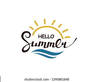 emblem of hello summer lettering with sun isolated on white background