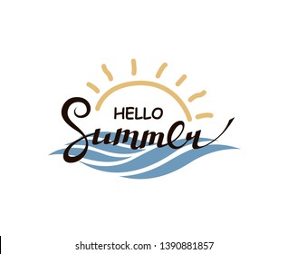 emblem of hello summer lettering with sun isolated on white background