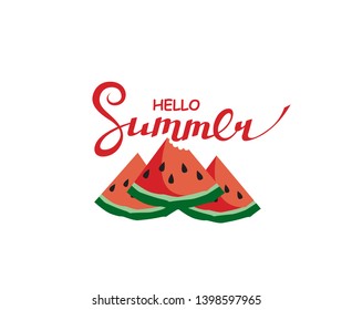 emblem of hello summer lettering with watermelon isolated on white background