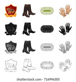 The emblem of the hippodrome, the rider's boots, the racetrack, the gloves. Horse Racing set collection icons in cartoon black monochrome outline style vector symbol stock illustration web.