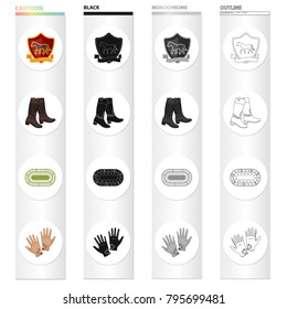 The emblem of the hippodrome, the rider's boots, the racetrack, the gloves. Horse Racing set collection icons in cartoon black monochrome outline style vector symbol stock illustration web.