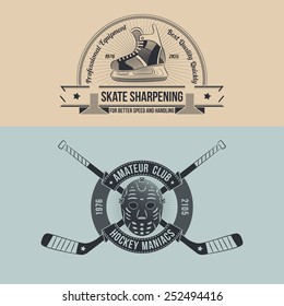 The emblem of the hockey club with retro goalie mask and crossed sticks. Logo sharpening skates in old-school style.