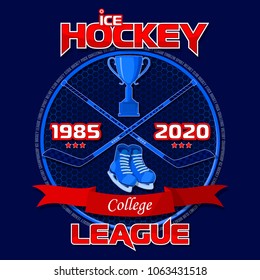 Emblem of the hockey league on a blue background with a red ribbon. Background and text are located on separate layers and can be easily disabled.