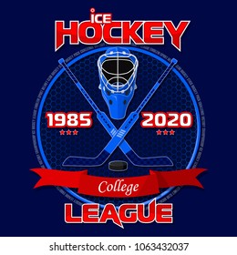 Emblem of the hockey league on a blue background with a red ribbon. Background and text are located on separate layers and can be easily disabled.