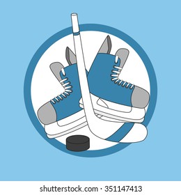 Emblem hockey - skates, stick and puck. Hand drawn vector illustration.