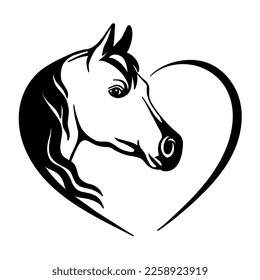 emblem with horse head in heart isolated on white background