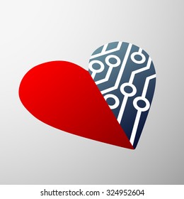 Emblem of the human heart with circuit. Stock vector image.