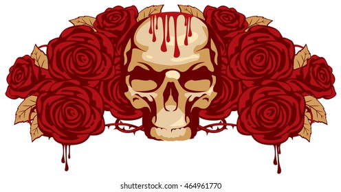 emblem with human skull and rose and a drop of blood