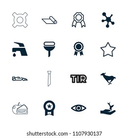 Emblem icon. collection of 16 emblem filled and outline icons such as tap, medal, eye, plant on hand, star, ribbon, sport car. editable emblem icons for web and mobile.