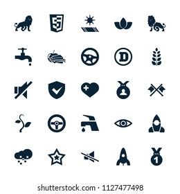 Emblem icon. collection of 25 emblem filled icons such as lion, rocket, tap, medal, wheel, sandwich and apple, heart with cross. editable emblem icons for web and mobile.