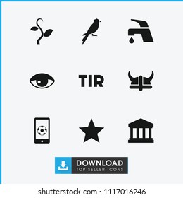 Emblem icon. collection of 9 emblem filled icons such as tap, court building, football on phone, helmet, plant, sparrow, tir, star. editable emblem icons for web and mobile.