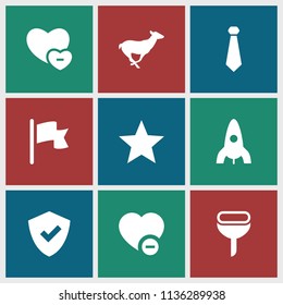 Emblem icon. collection of 9 emblem filled icons such as antelope, rocket, shield, minus favorite, flag, tie, filter. editable emblem icons for web and mobile.