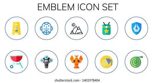 emblem icon set. 10 flat emblem icons.  Collection Of - wet floor, grill, hockey mask, d, mountain, lobster, vip, shower, shield, hose