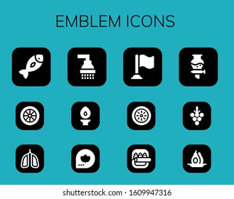 emblem icon set. 12 filled emblem icons. Included Fish, Wheel, Lungs, Shower, Torch, Fall, Flag, Kiwi, Funnel, Grapes, Avocado icons