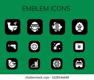 emblem icon set. 12 filled emblem icons.  Simple modern icons such as: Whale, Water gun, Dove, Hipster, Pie, Vigilance, Fish, Shooting star, Shield, Fire, Antivirus, Safety