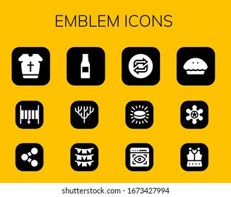 emblem icon set. 12 filled emblem icons. Included Armour, Hose, Share, Beer bottle, Coral, Flags, Loop, Puck, View, Pie, Sheriff icons