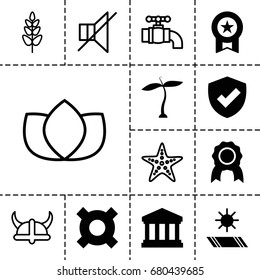 Emblem icon. set of 13 filled and outline emblem icons such as plant, court building, carpet in the sun, lotus, no sound, tap, starfish, helmet, medal
