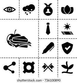 Emblem icon. set of 13 filled emblem icons such as lotus, medal, sandwich and apple, share, eye, plant, pen, carpet in the sun, defragmentation, crossed flags, shield, tie