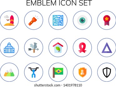 emblem icon set. 15 flat emblem icons.  Simple modern icons about  - surfboard, white house, torch, vane, maze, eco, eye, ribbon, medals, fire, mountain, handlebar, flag, shield