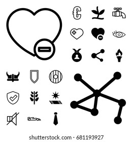 Emblem icon. set of 20 emblem filled and outline icons such as medal, plant, connection, minus favorite, share, torch, carpet in the sun, helmet, heart with cross, eye