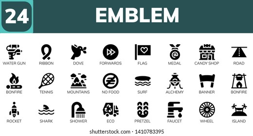 emblem icon set. 24 filled emblem icons.  Simple modern icons about  - Water gun, Ribbon, Dove, Forwards, Flag, Medal, Candy shop, Road, Bonfire, Tennis, Mountains, No food, Surf