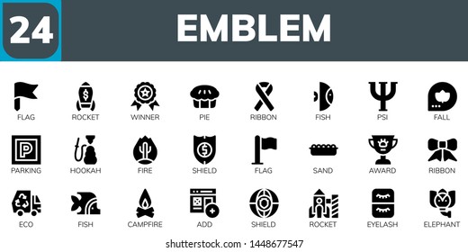 emblem icon set. 24 filled emblem icons.  Collection Of - Flag, Rocket, Winner, Pie, Ribbon, Fish, Psi, Fall, Parking, Hookah, Fire, Shield, Sand, Award, Eco, Campfire, Add, Eyelash