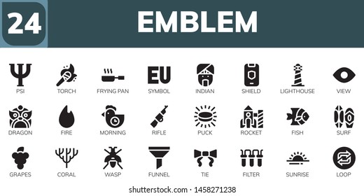emblem icon set. 24 filled emblem icons.  Simple modern icons about  - Psi, Torch, Frying pan, Symbol, Indian, Shield, Lighthouse, View, Dragon, Fire, Morning, Rifle, Puck, Rocket