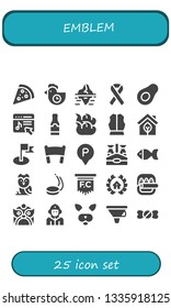emblem icon set. 25 filled emblem icons.  Simple modern icons about  - Pizza, Morning, Iceberg, Ribbon, Avocado, Music store, Beer bottle, Fire, Armour, Eco, Flag, Banner, Parking
