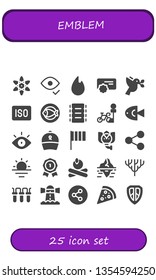 emblem icon set. 25 filled emblem icons.  Collection Of - Atomic, Eye, Fire, Reward, Dove, Iso, Fish, Ribs, Parking, Ribbon, Flag, Elephant, Share, Sunrise, Insignia, Campfire