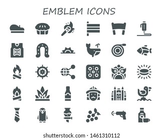 emblem icon set. 30 filled emblem icons.  Collection Of - Beret, Pie, Torch, Flags, Banner, d, Armor, Horseshoe, Sunrise, Whale, Hose, Fish, Bonfire, Wheel, Share, Pizza, Dragon