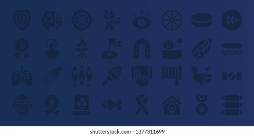 emblem icon set. 32 filled emblem icons. on blue background style Simple modern icons about  - Shield, Quality, Lungs, Hipster, Eco, Tap, Shower, Ribbon, Wheel, Torch, Fish, Award