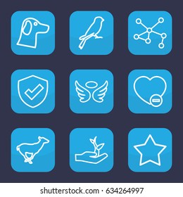 Emblem icon. set of 9 outline emblem icons such as antelope, sparrow, wings, star, connection, minus favorite, plant on hand, wolf